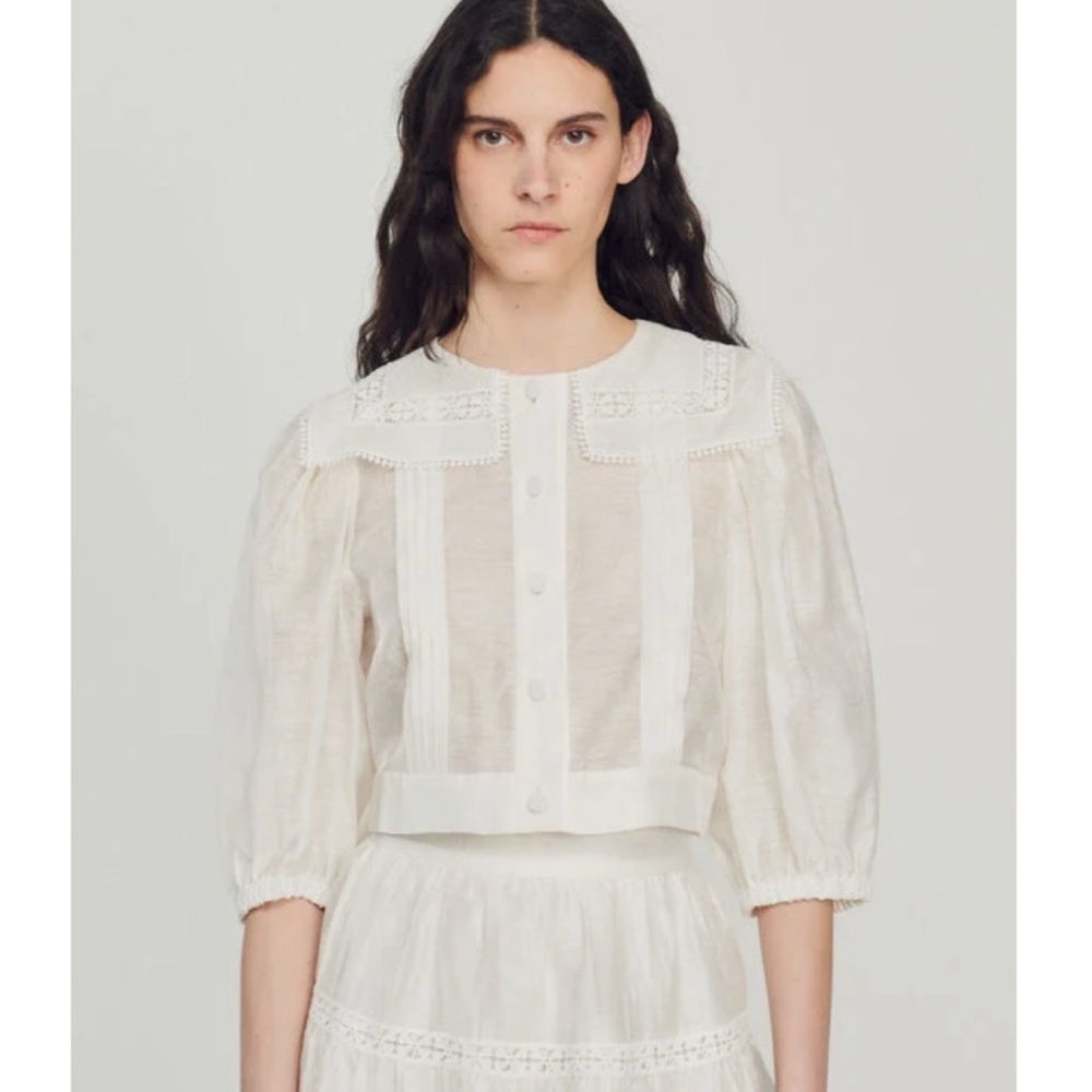 NWT Sandro White Lace Collar Shirt Top Ivory Organza Size L